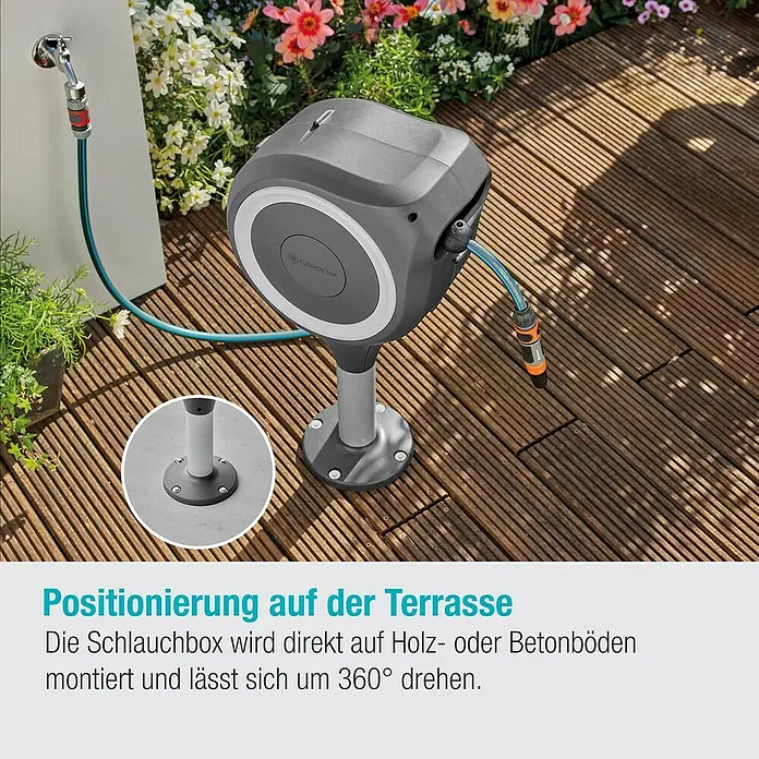 Gardena Schlauchbox Roll-Up S - Schlauchlänge: 15 m, 360 ° drehbar - Das Gardena Wand-Schlauchbox RollUp mit automatischem Aufrollmechanismus ist ideal für die Bewässerung auf Terrassen.