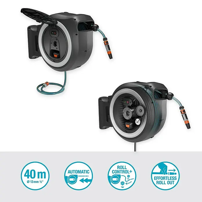 Gardena Power for All 18V Akku-Schlauchtrommel Power-Roll XXL - 18 V, 1 Akku, Schlauchlänge: 40 m - Bild einer Gardena Wand-Schlauchbox mit automatischer Aufrollfunktion und Roll Control Plus System.