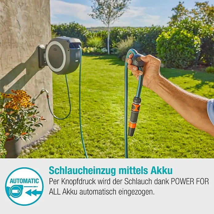 Gardena Power for All 18V Akku-Schlauchtrommel Powerroll XL - 18 V, 1 Akku, Schlauchlänge: 35 m - Automatische Schlauchtrommel mit Akku. Bequemes Aufrollen per Knopfdruck dank "POWER FOR ALL"-Akku.