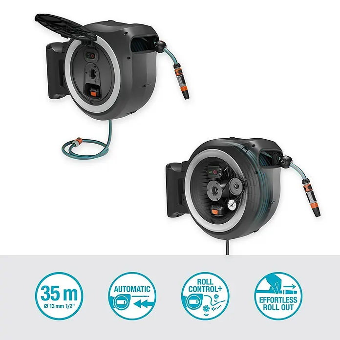 Gardena Power for All 18V Akku-Schlauchtrommel Powerroll XL - 18 V, 1 Akku, Schlauchlänge: 35 m - Abbildung einer Gardena Schlauchbox mit 35m Schlauchlänge und verschiedenen Funktionen wie Roll Control und automatischem Aufrollmechanismus.