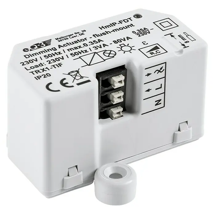 Homematic IP Phasenabschnittdimmer-Einsatz HmIP-FDT - 41 x 54 x 33 mm, Unterputz, 230 V - Nahaufnahme eines weißen HmIP-FDT Dimmaktuators für Unterputzmontage mit technischen Daten und Anschlüssen.