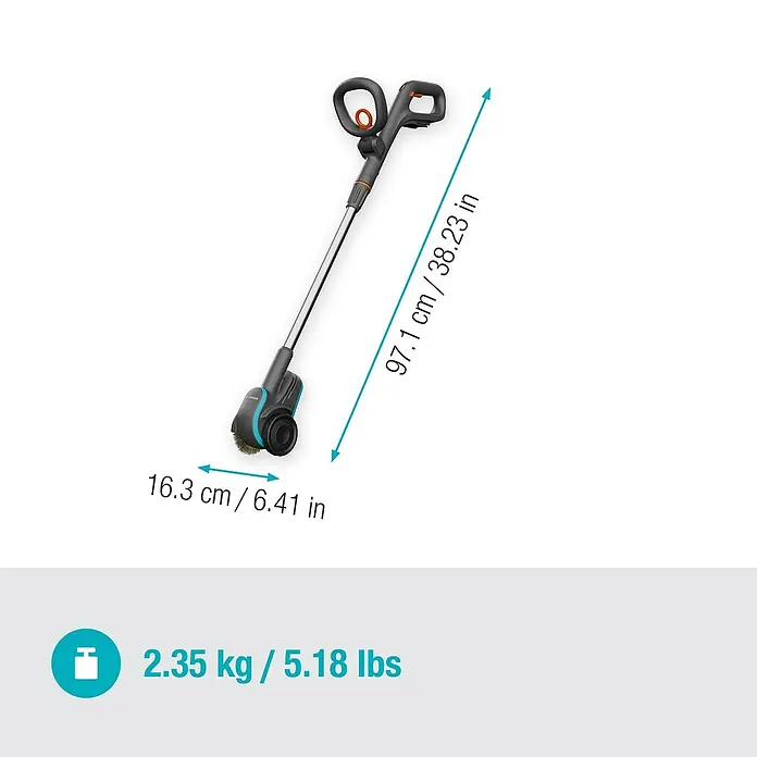 Gardena Power for All 18V Akku-Fugenreiniger EasyWeed 1800/18V - 18 V, Ohne Akku - Abbildung eines Gardena Fugenreinigers mit Maßangaben zu Größe und Gewicht.