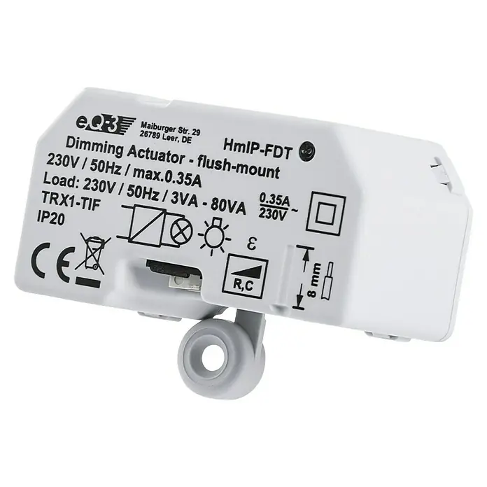 Homematic IP Phasenabschnittdimmer-Einsatz HmIP-FDT - 41 x 54 x 33 mm, Unterputz, 230 V - Nahaufnahme eines HmlP-FDT Dimmaktor-Unterputzgeräts mit technischen Details und Zertifizierungen.
