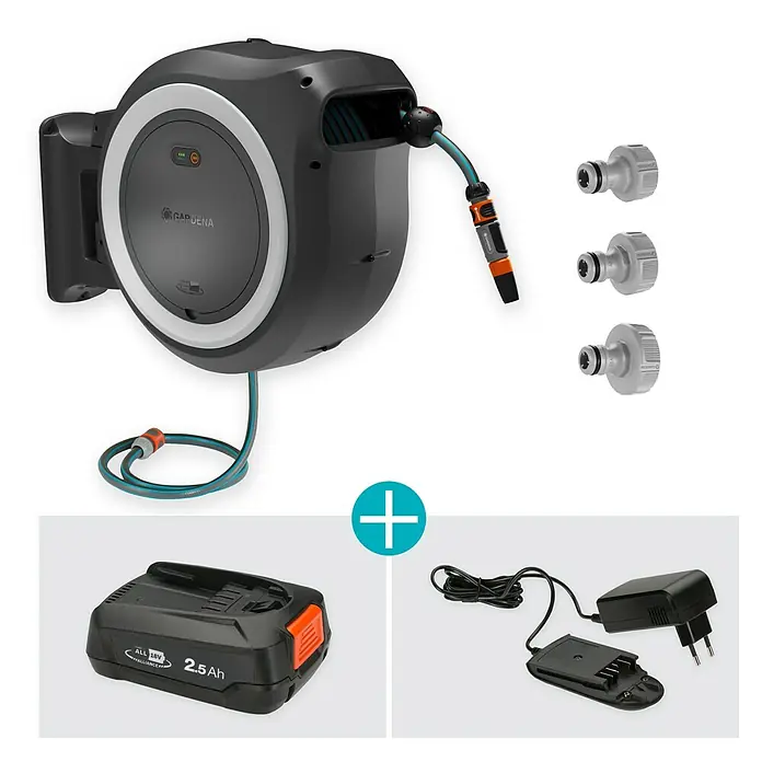 Gardena Power for All 18V Akku-Schlauchtrommel Powerroll XL - 18 V, 1 Akku, Schlauchlänge: 35 m - Das Gardena Akku-Wand-Schlauchbox Set mit Zubehör bietet Komfort und Flexibilität bei der Gartenbewässerung.