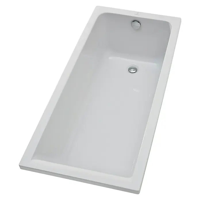Camargue Badewanne Orlando - 150 x 70 cm, Sanitäracryl, Weiß - Weisse Badewanne mit Armaturen, aus der Vogelperspektive aufgenommen. Die Wanne ist rechteckig und sauber.
