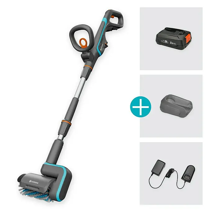 Gardena Power for All 18V Akku-Reinigungsbürste AquaBrush Patio 03/18V - 1 Akku - Abbildung eines Gardena Akku-Fugenbürste EasyBrush mit Zubehör. Das Gerät ermöglicht eine mühelose Reinigung von Fugen und Oberflächen.