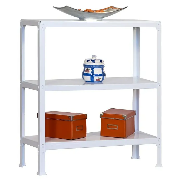 Simonrack Simonhome Metallregal Click Metall Mini - H x B x T: 90 x 80 x 30 cm, Traglast pro Boden: 150 kg, Anzahl Böden: 3 Stk., Stecken, Weiß/Weiß - Ein weißes Regal mit drei Fächern, auf denen eine Schale, ein Topf und zwei orangefarbene Kisten stehen.