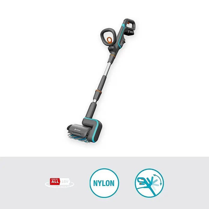 Gardena Power for All 18V Akku-Reinigungsbürste AquaBrush Patio 03/18V - 1 Akku - Abbildung eines GARDENA Akku-Fugenbürste EasyWeed 18V P4A gebrauchsfertiges Set mit Nylonborsten, das Fugen von Unkraut befreit.