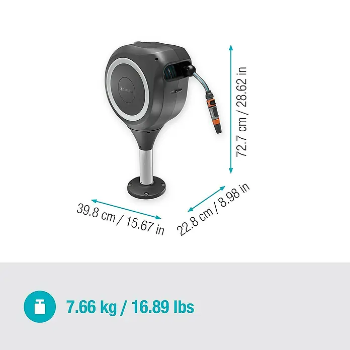Gardena Schlauchbox Roll-Up S - Schlauchlänge: 15 m, 360 ° drehbar - Eine Gardena Wand-Schlauchbox mit den Maßen 72.7 x 39.8 x 22.8 cm und einem Gewicht von 7.66 kg.
