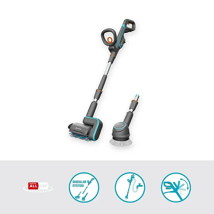 Gardena Power for All 18V Akku-Reinigungsbürste Aqua Brush Universal 04/18V - 18 V, Ohne Akku - Das Bild zeigt einen Gardena Akku-Flächenreiniger mit verschiedenen Aufsätzen und Funktionen. Ein vielseitiges und praktisches Gerät für die Gartenpflege.
