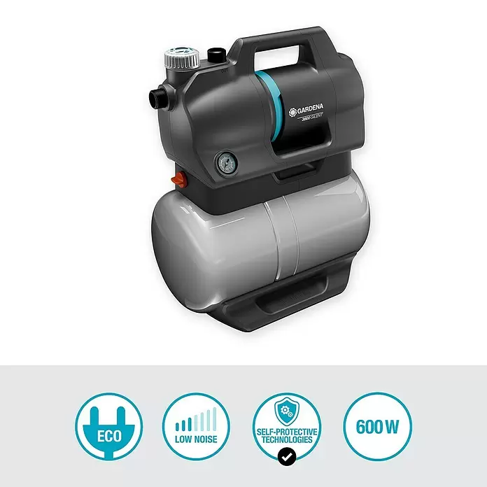 Gardena Grupo de presión 3800 Silent - 600 W, Capacidad de bombeo máx.: 3.800 l/h, Presión máx.: 39 bar - Bomba de grupo de presión Gardena gris y negra con depósito gris claro, acento azul, asa superior y manómetro.