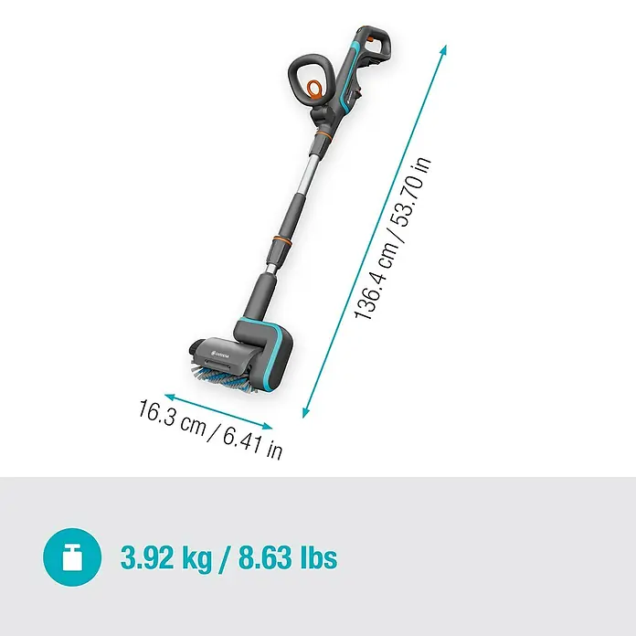 Gardena Power for All 18V Akku-Reinigungsbürste AquaBrush Patio 03/18V - Ohne Akku - Eine Gardena Akku-Terrassenbürste mit den Maßen 16,3 cm Breite, 136,4 cm Länge und einem Gewicht von 3,92 kg.