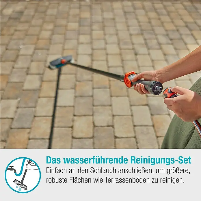 Gardena Cleansystem Waschbürsten-Set Cleansystem - 3 -tlg., Länge Stiel: 150 cm - Das wasserführende Reinigungs-Set wird an einen Schlauch angeschlossen, um Terrassenböden zu reinigen.
