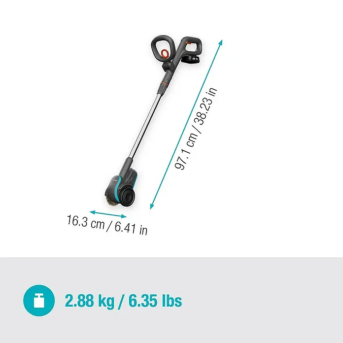 Gardena Power for All 18V Akku-Fugenreiniger EasyWeed 1800/18V - 18 V, 1 Akku - Abbildung des Gardena Akku-Fugenbürste EasyClean mit Maßangaben zu Länge und Breite, sowie Gewichtsangabe.