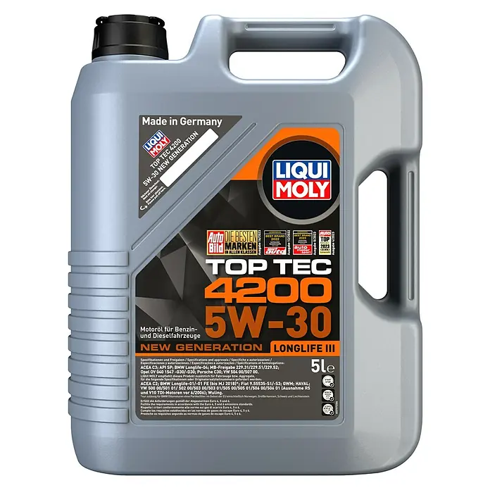 Liqui Moly Motoröl Top Tec 4200 - 5 l, 5W-30, C3 - Liqui Moly Top Tec 4200 5W-30 Motoröl im 5-Liter-Kanister. Hochwertiges Öl für Benzin- und Dieselfahrzeuge der neuen Generation.