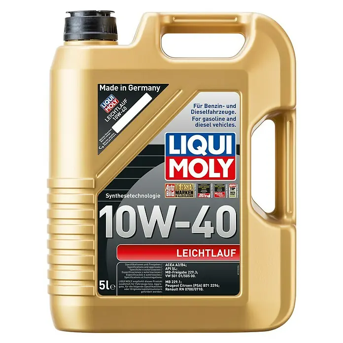 Liqui Moly Leichtlaufmotorenöl - 5 l, 10W-40, A3/B4 - Bild einer goldenen 5-Liter-Dose Liqui Moly Leichtlauf 10W-40 Motoröl, hergestellt in Deutschland, für Benzin- und Dieselfahrzeuge.