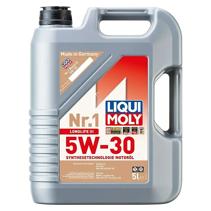 Liqui Moly Motoröl Nr. 1 5W-30 Longlife III - 5W-30, C3, 5.000 ml - Abbildung einer 5-Liter-Flasche Liqui Moly Nr. 1 Motoröl 5W-30, ein synthetisches Motoröl aus deutscher Produktion für optimale Leistung.