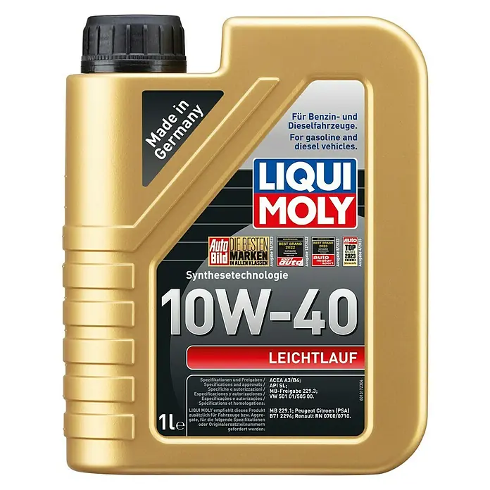 Liqui Moly Leichtlaufmotorenöl - 1 l, 10W-40, A3/B4 - Eine goldene 1-Liter-Flasche Liqui Moly 10W-40 Leichtlauf Motoröl, geeignet für Benzin- und Dieselfahrzeuge.