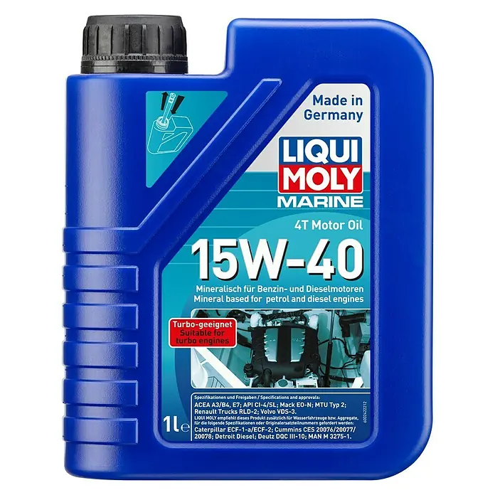 Liqui Moly Marine Motoröl 4T 15W-40 - Mineralisch, 1 l - Produktbild einer blauen 1-Liter-Flasche Liqui Moly Marine 15W-40 4T Motoröl, geeignet für Benzin- und Dieselmotoren.