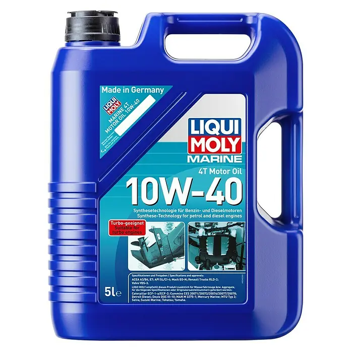 Liqui Moly Marine Motoröl 4T 10W-40 - Synthesetechnologie, 5 l - LIQUI MOLY Marine 4T Motoröl 10W-40 im blauen 5L Kanister, geeignet für Benzin- und Dieselmotoren mit Turbotechnologie, für zuverlässige Schmierung.