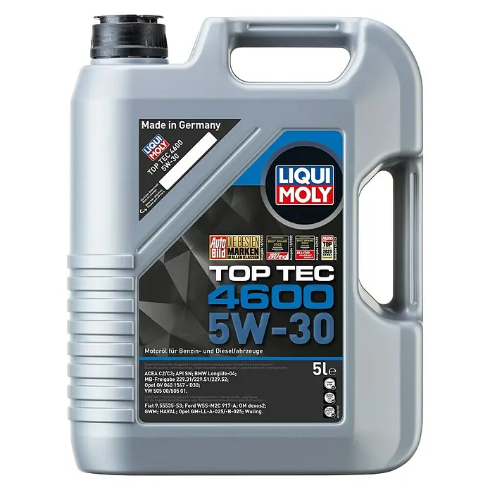Liqui Moly Motoröl Top Tec 4600 - 5W-30, C3, 5 l - Abbildung des LIQUI MOLY Top Tec 4600 5W-30 Motoröls im 5-Liter-Kanister, ideal für Benzin- und Dieselfahrzeuge.