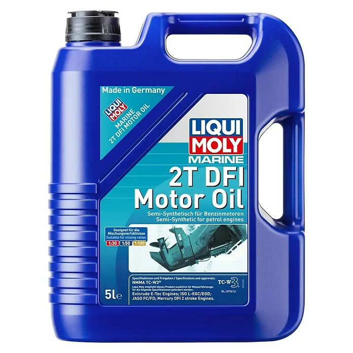 Liqui Moly Marine Motoröl 2T DFI - 5 l, Semisynthetisch - Eine blaue 5-Liter-Flasche Liqui Moly Marine 2T DFI Motoröl, ein teilsynthetisches Öl für Benzinmotoren, speziell für den Einsatz im Marinebereich.
