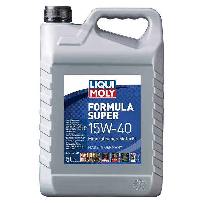 Liqui Moly Mehrbereichsöl Formula Super 15W-40 - 5 l, 15W-40 - Abbildung einer 5-Liter-Dose Liqui Moly Formula Super 15W-40 Mineralöl, ein hochwertiges Motorenöl für verschiedene Fahrzeugtypen.
