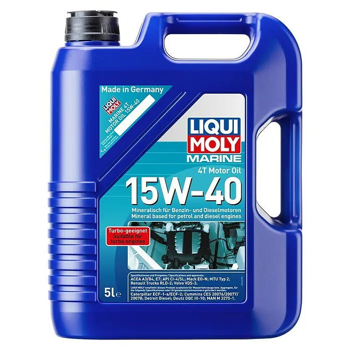 Liqui Moly Marine Motoröl 4T 15W-40 - Mineralisch, 5 l - Liqui Moly Marine 4T Motoröl 15W-40 in einer blauen 5L-Flasche. Optimaler Schutz für Benzin- und Dieselmotoren, speziell für Turbomotoren geeignet.