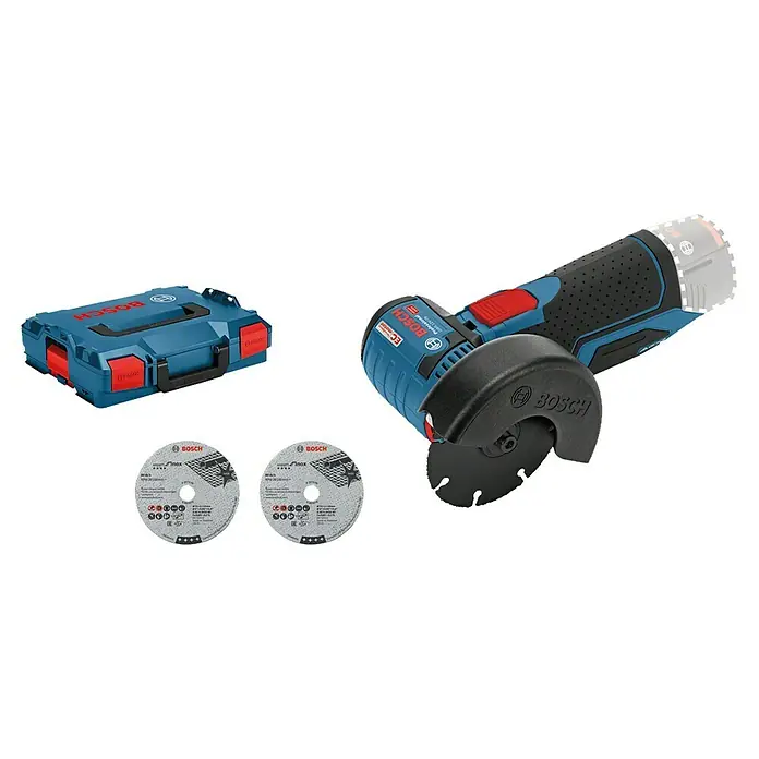 Bosch Professional Akku-Winkelschleifer GWS 12V-76 L-Boxx - Ohne Akku, Durchmesser Scheibe: 76 mm, 19.500 U/min - Abbildung eines Bosch Professional Akku-Winkelschleifers mit Zubehör, darunter eine blaue Werkzeugkiste und zwei Trennscheiben.