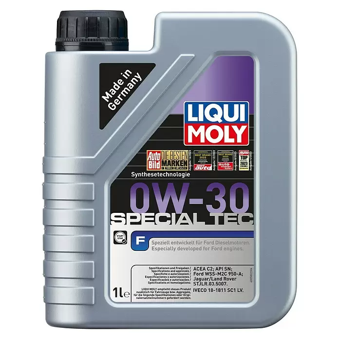 Liqui Moly Motoröl Special Tec F 0W-30 - 0W-30, C2, 1 l - Silbergraue LIQUI MOLY 0W-30 Special Tec Motorölflasche mit schwarzer Kappe, hergestellt in Deutschland, speziell für Ford Motoren.