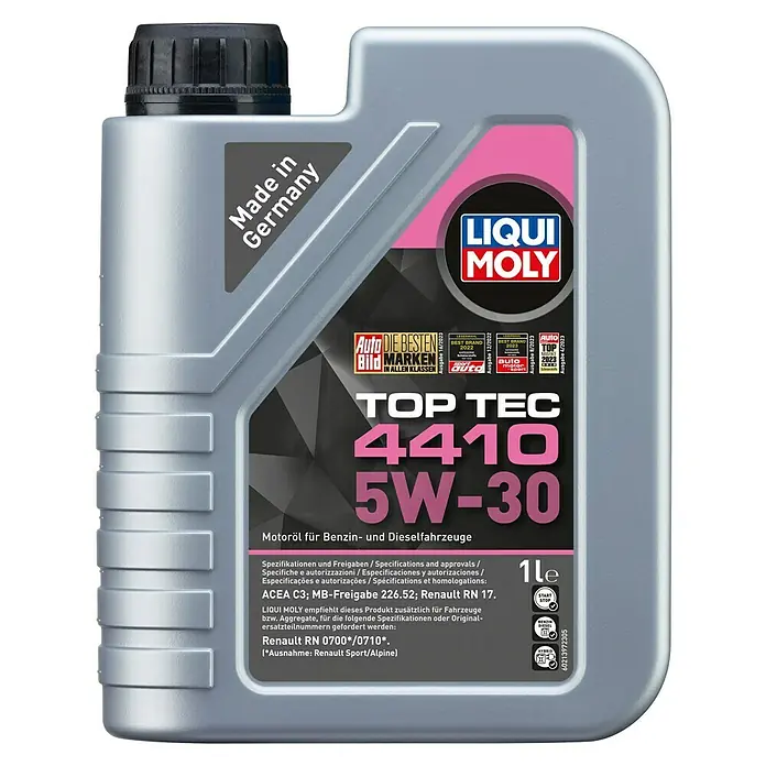Liqui Moly Leichtlaufmotorenöl Top Tec 4410 - 5W-30, 1 l - Abbildung einer 1-Liter-Flasche Liqui Moly Top Tec 4410 5W-30 Motoröl, geeignet für Benzin- und Dieselfahrzeuge.