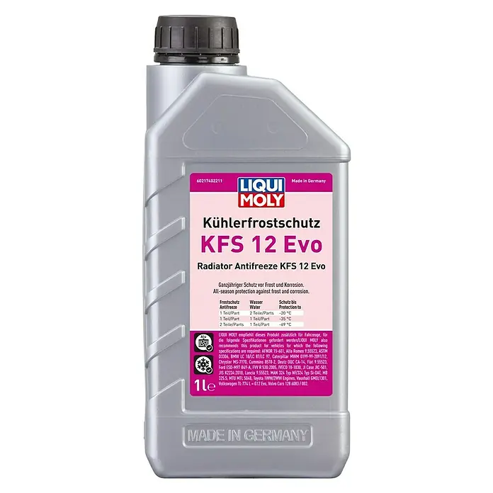 Liqui Moly Kühlerfrostschutz KFS 12 - 1 l, Max. Frostbeständigkeit: -69 °C - Produktbild: Eine 1L Flasche Liqui Moly KFS 12 Evo Kühlerschutz, ideal für den ganzjährigen Schutz vor Frost und Korrosion.
