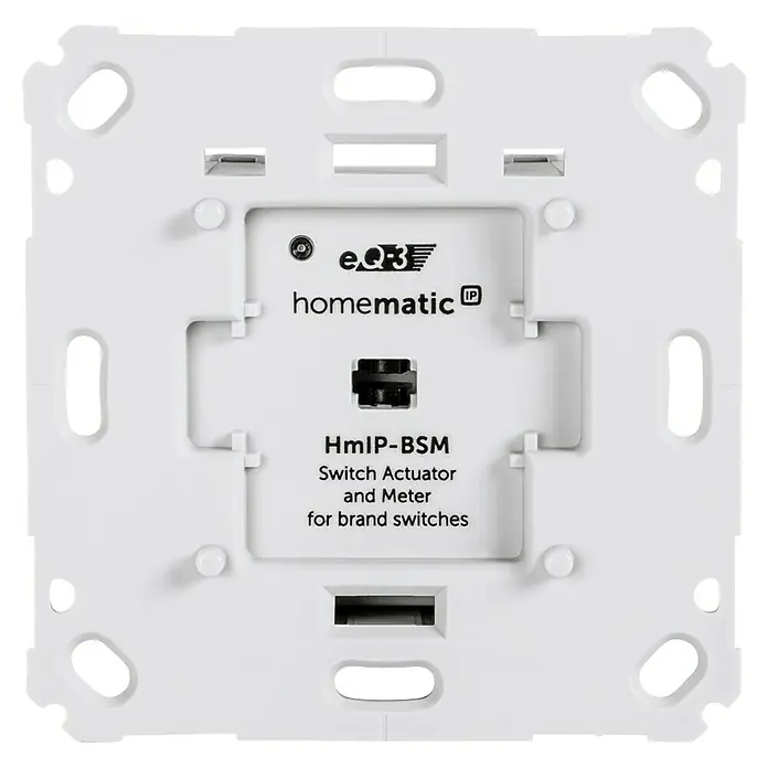 Homematic IP Schalter Mess-Aktor für Markenschalter HmIP-BSM - 230 V, 5 A, Max. Anschlussleistung: 1.150 W - Nahaufnahme eines Homematic IP HmIP-BSM Schaltaktors und Zählers für Markenschalter, der intelligente Steuerung und Energieüberwachung ermöglicht.