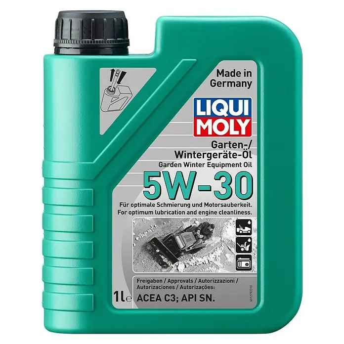 Liqui Moly Garten- & Wintergeräte-Öl1 l - Bild einer Flasche LIQUI MOLY 5W-30 Garten-/Wintergeräte-Öl, hergestellt in Deutschland, für optimale Schmierung und Motorsauberkeit.