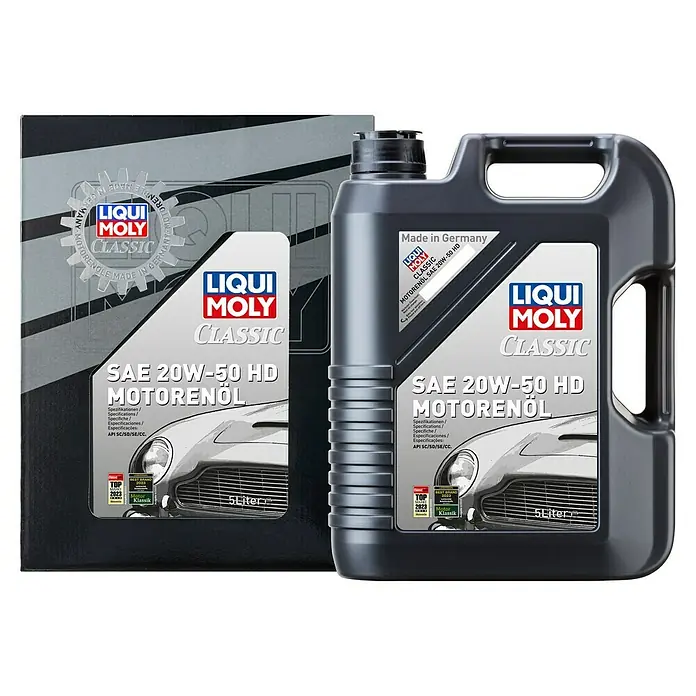 Liqui Moly Motoröl Classic SAE 20W-50 HD - 20W-50, 5 l - Das Bild zeigt eine Dose Liqui Moly Classic Motorenöl SAE 20W-50 HD, die für Oldtimer-Motoren entwickelt wurde.