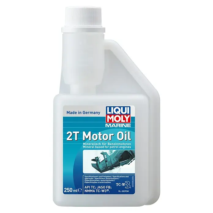 Liqui Moly Marine Motoröl 2T - 250 ml, Mineralisch - Abbildung einer Flasche Liqui Moly Marine 2T Motoröl, hergestellt in Deutschland, mineralisch für Benzinmotoren mit 250 ml Füllmenge.