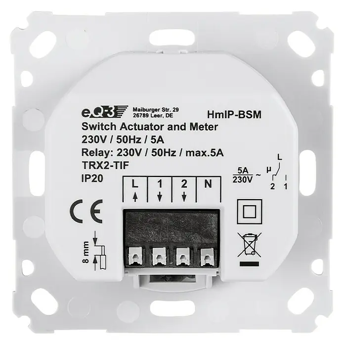 Homematic IP Schalter Mess-Aktor für Markenschalter HmIP-BSM - 230 V, 5 A, Max. Anschlussleistung: 1.150 W - Nahaufnahme eines HmIP-BSM Schaltaktor und Zähler. Die Beschriftung umfasst technische Daten wie 230V/50Hz/5A und Sicherheitszertifizierungen.