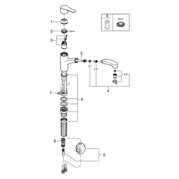 Grohe QuickFix Start Spültischarmatur - Schwarz, Schwenkbar, Matt - Explosionszeichnung einer Armatur, die die Einzelteile und ihre Anordnung zeigt.