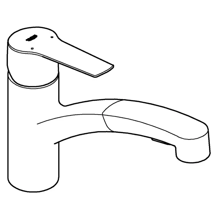 Grohe QuickFix Start Spültischarmatur - Schwarz, Schwenkbar, Matt - Strichzeichnung einer modernen Einhebel-Küchenarmatur, typischerweise aus Chrom oder Edelstahl.