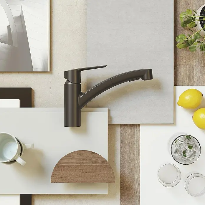 Grohe QuickFix Start Spültischarmatur - Schwarz, Schwenkbar, Matt - Elegante Küchenarmatur in dunklem Metallton, stilvoll präsentiert mit Zitrone und moderner Dekoration für ein ansprechendes Küchendesign.
