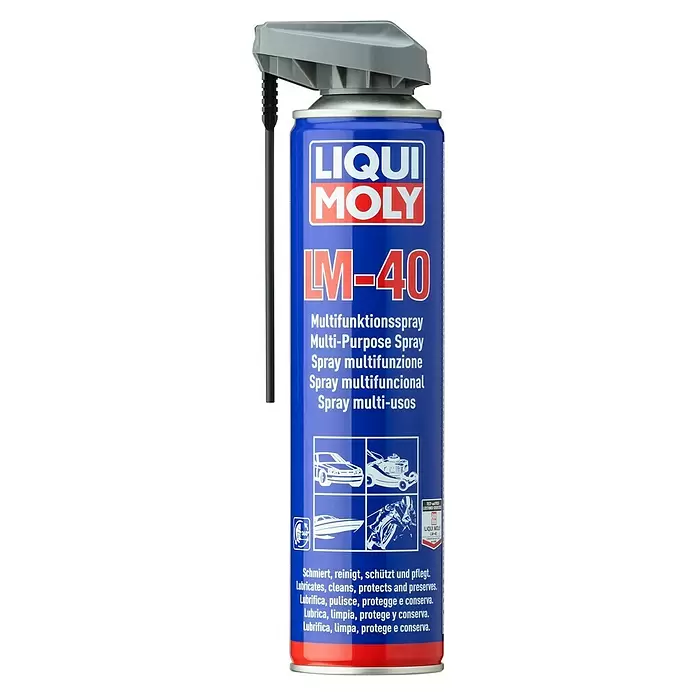 Liqui Moly Multiöl LM 40 Multifunktionsspray - 400 ml - Blaue LIQUI MOLY LM-40 Multifunktionsspraydose mit grauer Kappe und schwarzem Sprührohr zum Schmieren, Reinigen, Schützen.