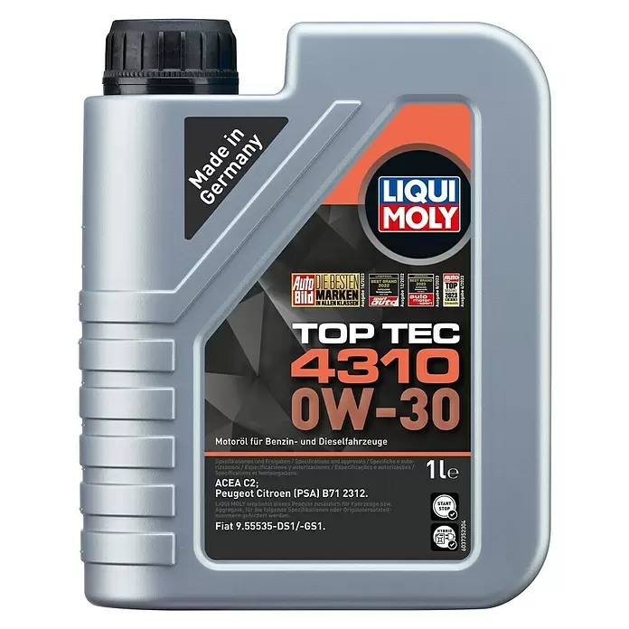 Liqui Moly Motoröl Top Tec 4310 0W-30 - 0W-30, C2, 1 l - Graue Plastikflasche LIQUI MOLY TOP TEC 4310 0W-30 Motoröl, 1 Liter, mit schwarzem Deckel und orange-schwarzem Etikett.