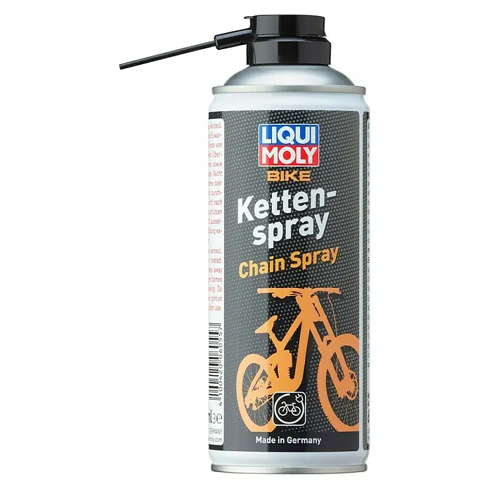 Liqui Moly Kettenspray Bike - 400 ml - Sprühdose Kettenöl von LIQUI MOLY Bike mit der Aufschrift „Ketten-Spray Chain Spray“ und einer Abbildung eines Fahrrads.