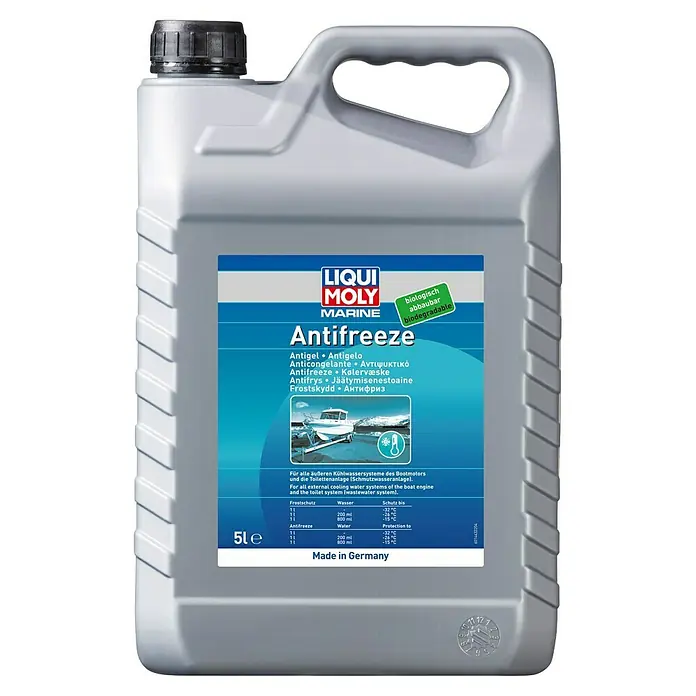 Liqui Moly Marine Frostschutzmittel - 5 l - Produktbild eines 5L Kanisters Liqui Moly Marine Antifreeze, biologisch abbaubares Kühlmittel für Bootsmotoren und Sanitäranlagen.