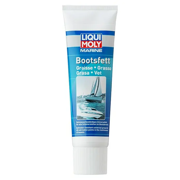 Liqui Moly Marine Bootsfett - 250 g - Abbildung einer Tube Liqui Moly Marine Bootsfett, einem Salzwasser-beständigen Universalfett für die Wartung von Schiffen.