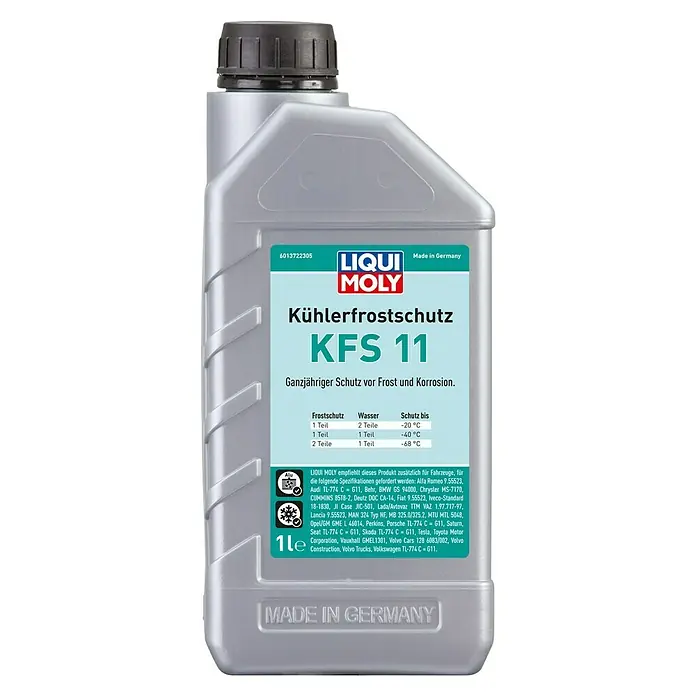 Liqui Moly Kühlerfrostschutz KFS 11 - 1 l, -68 °C - Bild einer Flasche Liqui Moly Kühlerfrostschutz KFS 11, einem Kühlmittel für den ganzjährigen Schutz vor Frost und Korrosion.