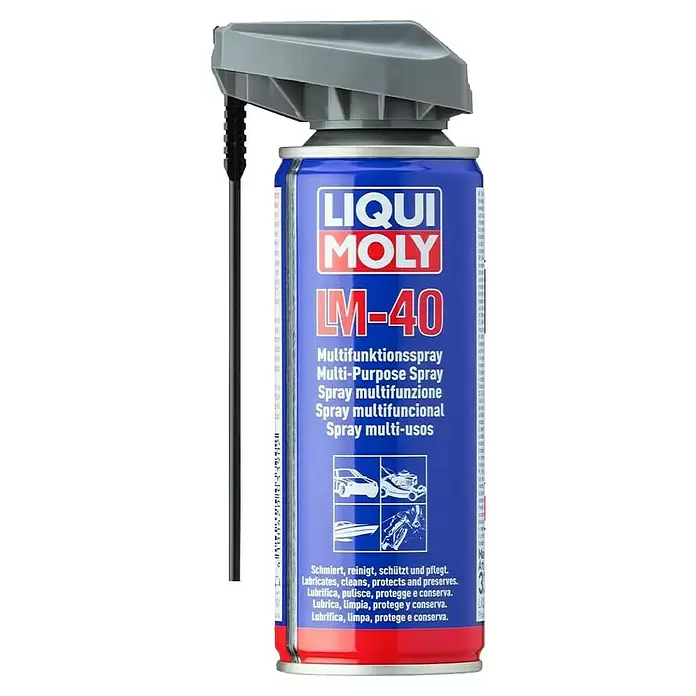 Liqui Moly Multiöl LM 40 Multifunktionsspray - 200 ml - Blaue und rote LIQUI MOLY LM-40 Multifunktionsspray-Sprühdose mit grauer Düse und angebrachtem schwarzem Sprührohr.