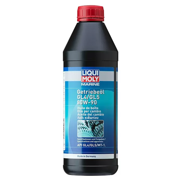Liqui Moly Marine Getriebeöl - 80W-90, 1 l - Schwarze LIQUI MOLY MARINE Getriebeölflasche GL4/GL5 80W-90 mit rotem Deckel und blauem Etikett mit Zahnrädern. Hergestellt in Deutschland.