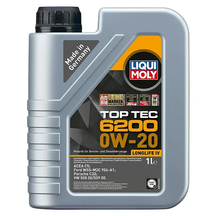 Liqui Moly Leichtlaufmotorenöl Top Tec 6200 - 0W-20, 1 l - Bild einer 1-Liter-Flasche Liqui Moly Top Tec 6200 0W-20 Motoröl, hergestellt in Deutschland, mit Longlife IV-Spezifikation für Benzin- und Dieselfahrzeuge.