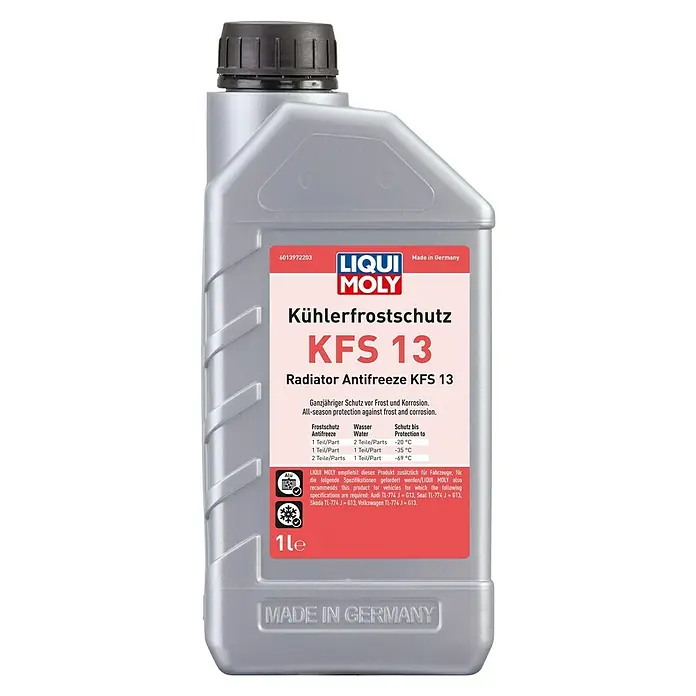 Liqui Moly Kühlerfrostschutz KFS 13 - 1 l, -20 °C - Bild einer 1-Liter-Flasche Liqui Moly Kühlerfrostschutz KFS 13, einem Kühlmittel für ganzjährigen Frost- und Korrosionsschutz.